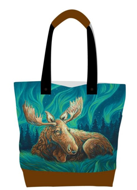 Licensed Canvas Tote w/ Vegan Leather Accents & Zippers - ARW - Restful Night Aurora Moose