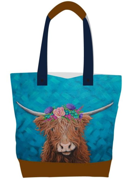 Licensed Canvas Tote w/ Vegan Leather Accents & Zippers - ARW - Highland Cow with Flower Crown